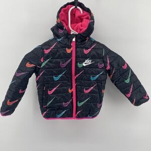 Nike Puffer Jacket Girls 2T Black Multicolor Swoosh Full Zip Hooded Winter‎